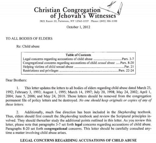 Jehovah's Witnesses official child abuse handling procedure letter
