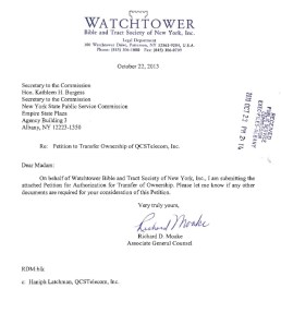 Watchtower Society purchase of QCS Telecom Inc