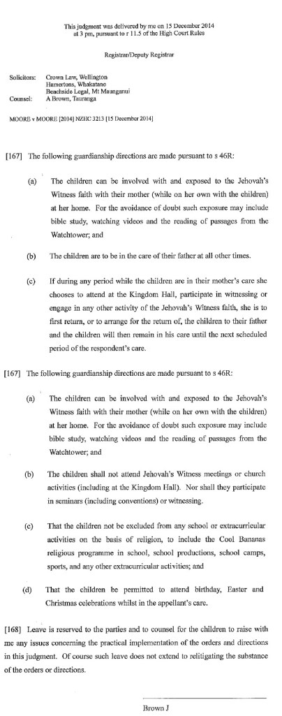 NZ High Court judgment stopping Jehovah's Witness children attending meetings